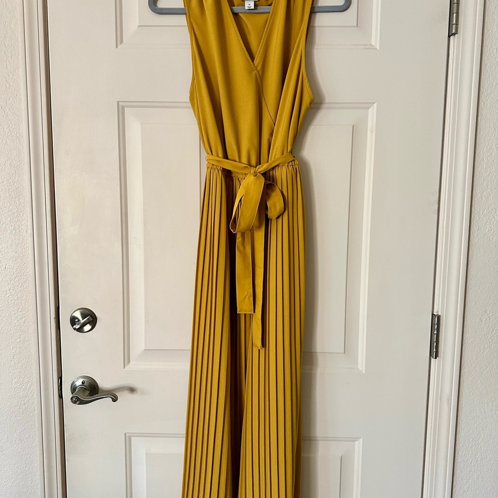 Sleeveless Pleated Maxi Dress Faux Wrap Belted Ochre Mustard Gold